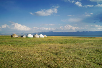 Traditional yurts for tourism at Song Kul Lake, Kyrgyzstan - 351463026