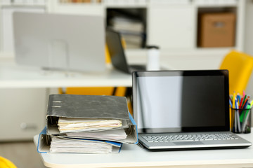 Empty workplace in office closeup