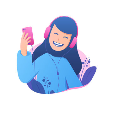 Happy girls listening to music with smartphone through earphones vector illustration