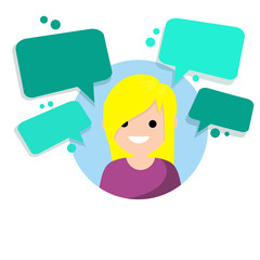 Young woman and chat. Avatar of girl in circle for the app. Flat cartoon Cloud text bubble dialog. Conversation and Talk.