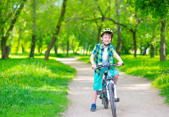 Fototapeta premium The boy rides his bike in the summer park. Summer rest. Summer types of spotra concept