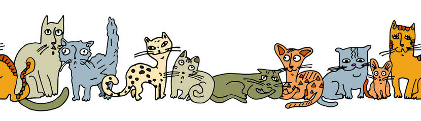 Seamless border with decorative cats isolated on white background. Cartoon style. Stock illustration.