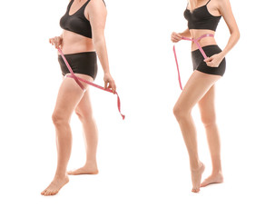 Young woman with measuring tape before and after weight loss on white background