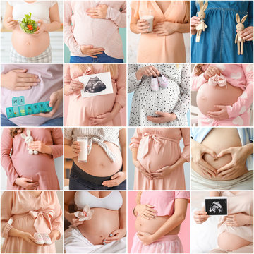 Collage of photos with beautiful pregnant women