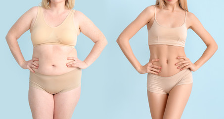 Woman before and after weight loss on color background