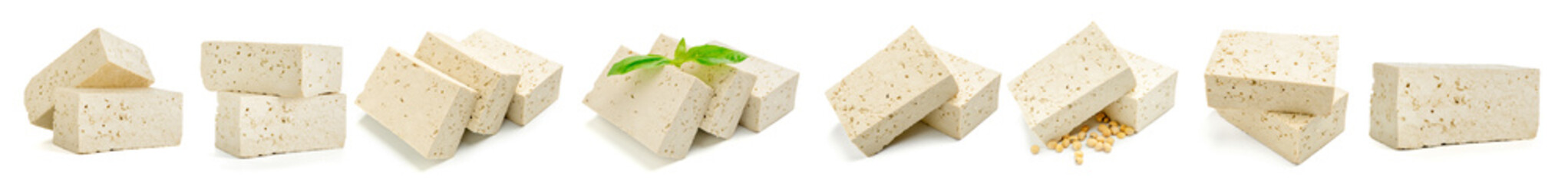 Set of tasty tofu cheese on white background