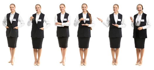 Portrait of female receptionist on white background