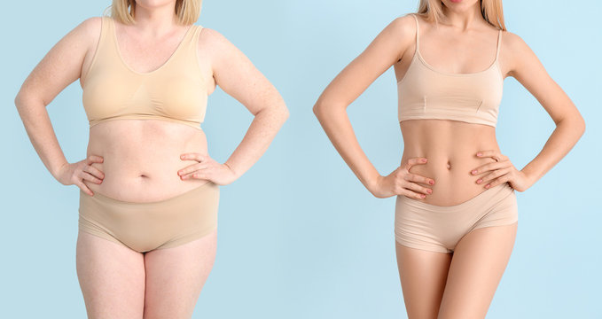 Woman before and after weight loss on color background