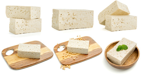 Set of tasty tofu cheese on white background