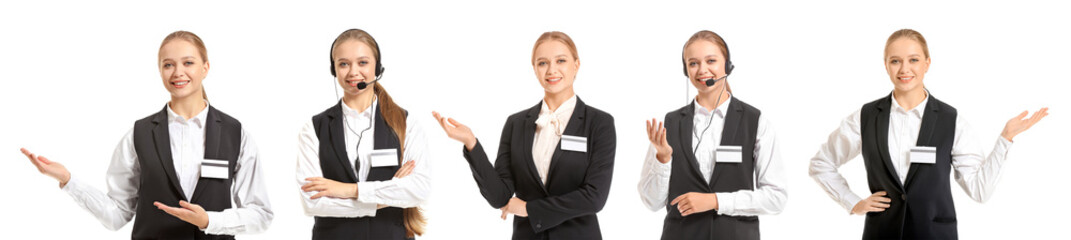 Portrait of female receptionist on white background