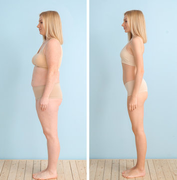 Young woman before and after weight loss on color background