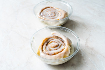 Take Away Cinnamon Roll / Cinnamon Bun with Cream in Plastic Box Package Container for Sale. Ready to Eat