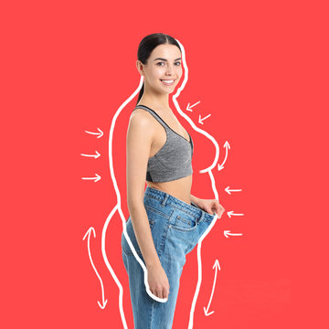 Young woman in loose clothes after weight loss on color background