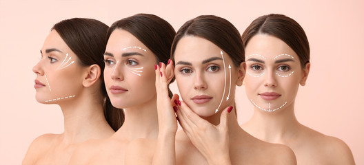 Collage of beautiful young woman on color background. Plastic surgery concept