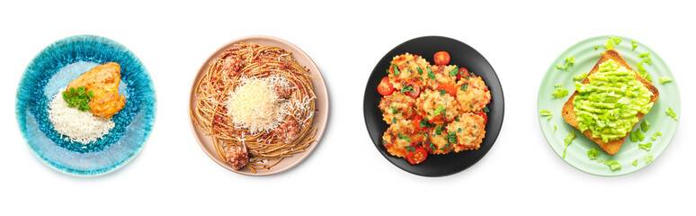 Set of plates with delicious dishes on white background