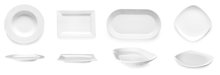 Set of empty ceramic plates on white background