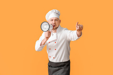 Portrait of male chef with megaphone on color background