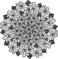 Magnificent flower vector mandala for anti-stress coloring. Beautiful anf detailed flowers with leaves.