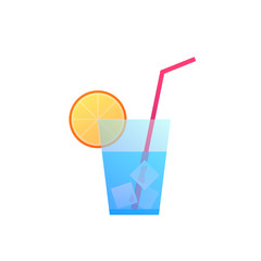 Cold cocktail with straw and orange slice icon. Glass of fresh lemonade with ice cubes isolated on white background. Summertime beach vacation and leisure vector illustration. Soda drink sign.