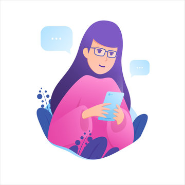 Happy girls browsing and chatting to friends with  bubble messaging and smartphone vector illustration