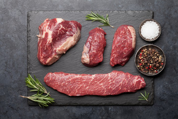 Variety of fresh raw beef steaks
