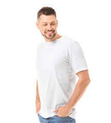Obraz premium Man in stylish t-shirt on white background