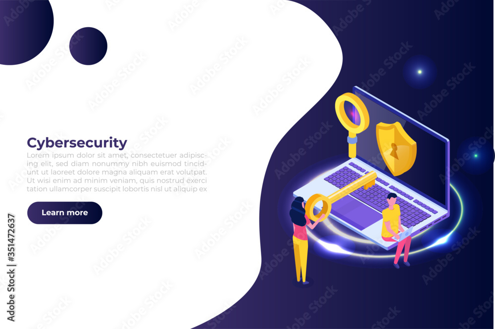 Poster cybersecurity, protection network safe data isometric concept. web page design templates. vector ill