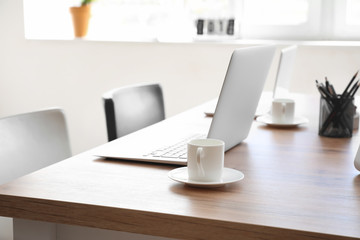 Table prepared for business meeting in office