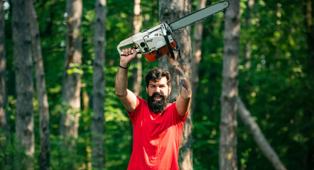 Lumberjack with chainsaw in his hands. Lumberjack holding the chainsaw. The Lumberjack working in a forest. Stylish young man posing like lumberjack. Harvest of timber.