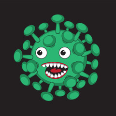 Cartoon virus green on black background. Vector image