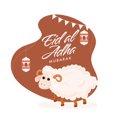 Eid Al Adha Mubarak Concept with Cartoon Sheep and Hanging Lanterns on Abstract Brown Background.