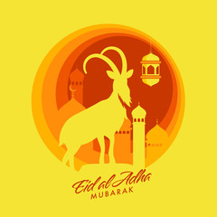 Eid-Al-Adha Mubarak Font with Silhouette Goat, Mosque and Hanging Lantern on Yellow Abstract Background.