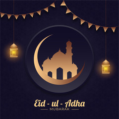 Eid-Ul-Adha Mubarak Concept with Bronze Crescent Moon, Mosque, Hanging Illuminated Lanterns and Bunting Flags on Blue Arabic Pattern Background.