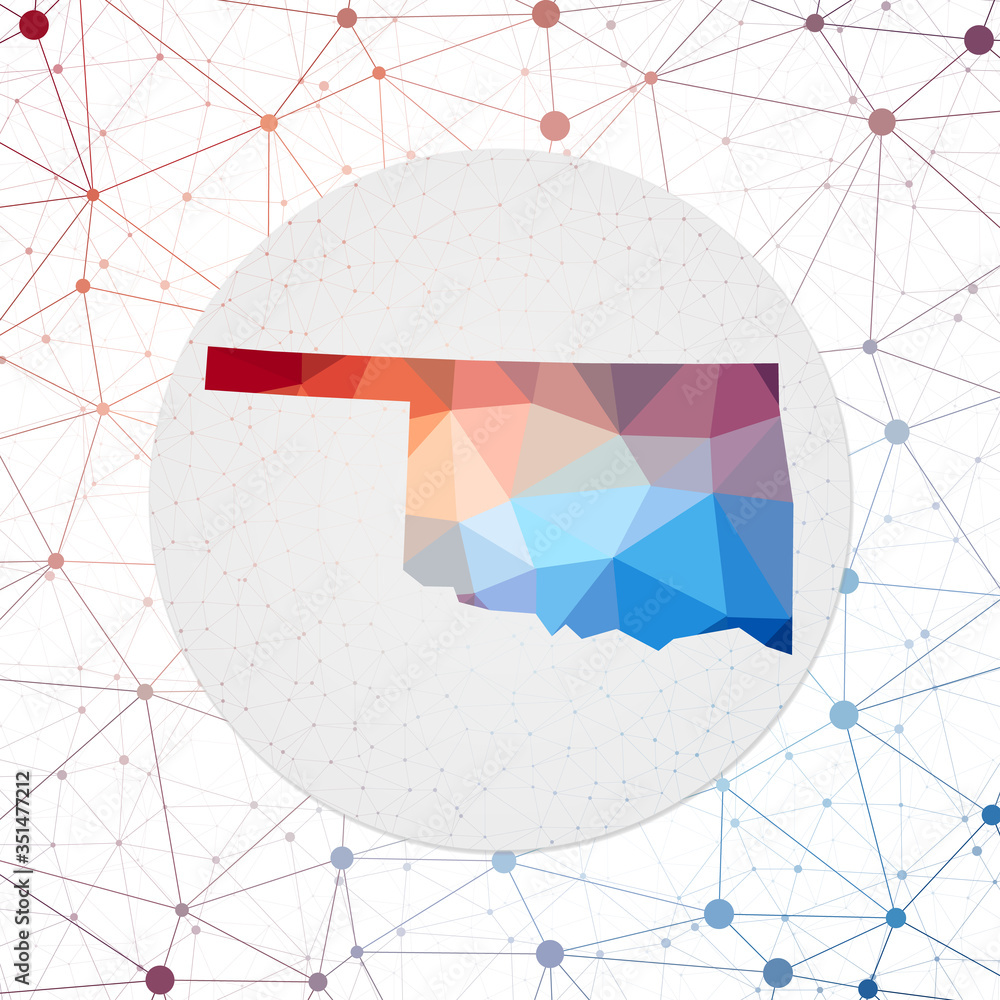 Poster Abstract vector map of Oklahoma. Technology in the US state geometric style poster. Polygonal Oklahoma map on a 3D triangular mesh background. EPS10 Vector.