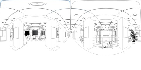 spherical panorama of the interior, contour visualization, 3D illustration, sketch, outline
