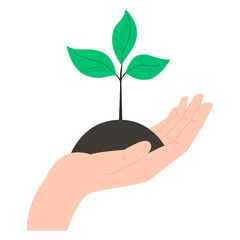 Illustration of human hand with growing plant in flat style. Design element for logo, label, emblem, sign. Vector illustration