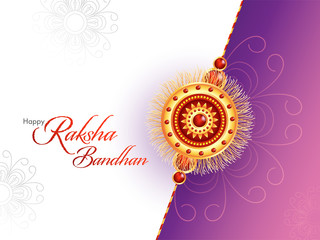 Happy Raksha Bandhan Font with Beautiful Rakhi (Wristband) on White and Purple Floral Background.