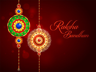Raksha Bandhan Font with Decorative Rakhis (Wristband) on Dark Red Blur Bokeh Background.
