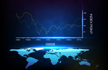 Abstract background of blue average first quarter in year 2020 graph and world map