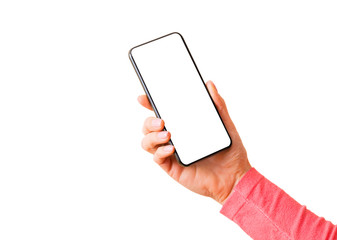 Person holding mobile phone with blank white screen, isolated on white background