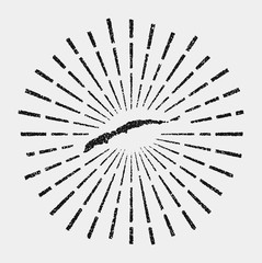 Obraz premium Vintage map of Roatan. Grunge sunburst around the island. Black Roatan shape with sun rays on white background. Vector illustration.