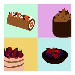 Set of delicious dessert on colorful background 