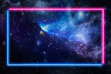 Pink and blue neon frame on a dark galaxy background illustration