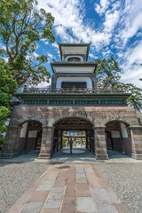 Oyama Jinja Shinto Shrine Main gate, mix of traditional Japanese, Chinese, and European religious architectural elements. Japan's Important Cultural Asset. Kanazawa, Ishikawa Prefecture. Japan