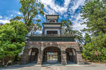 Oyama Jinja Shinto Shrine Main gate, mix of traditional Japanese, Chinese, and European religious architectural elements. Japan's Important Cultural Asset. Kanazawa, Ishikawa Prefecture. Japan