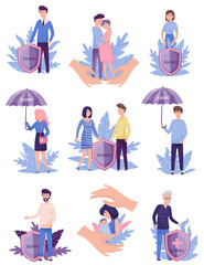 People Characters Under Umbrellas as Symbol of Insurance Service for Proper Health Vector Illustrations Set