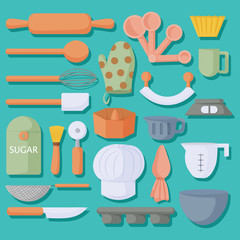 Collection of baking tools. Kitchenware, cooking baking utensils. Design for decorating, logo, print, sticker. Vector illustration.