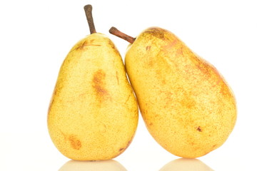 Juicy sweet, organic pears, close-up, on a white background.