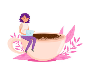 Purple Haired Girl Sitting with Laptop on the Edge of Huge Coffee Cup with Floral Backdrop Vector Illustration