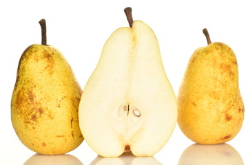 Juicy sweet, organic pears, close-up, on a white background.